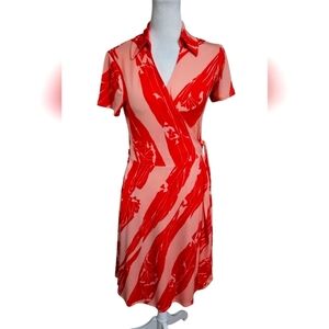 NEW YORK & COMPANY Abstract Print Stretch Wrap Midi Dress In Red/pale Pink. SM